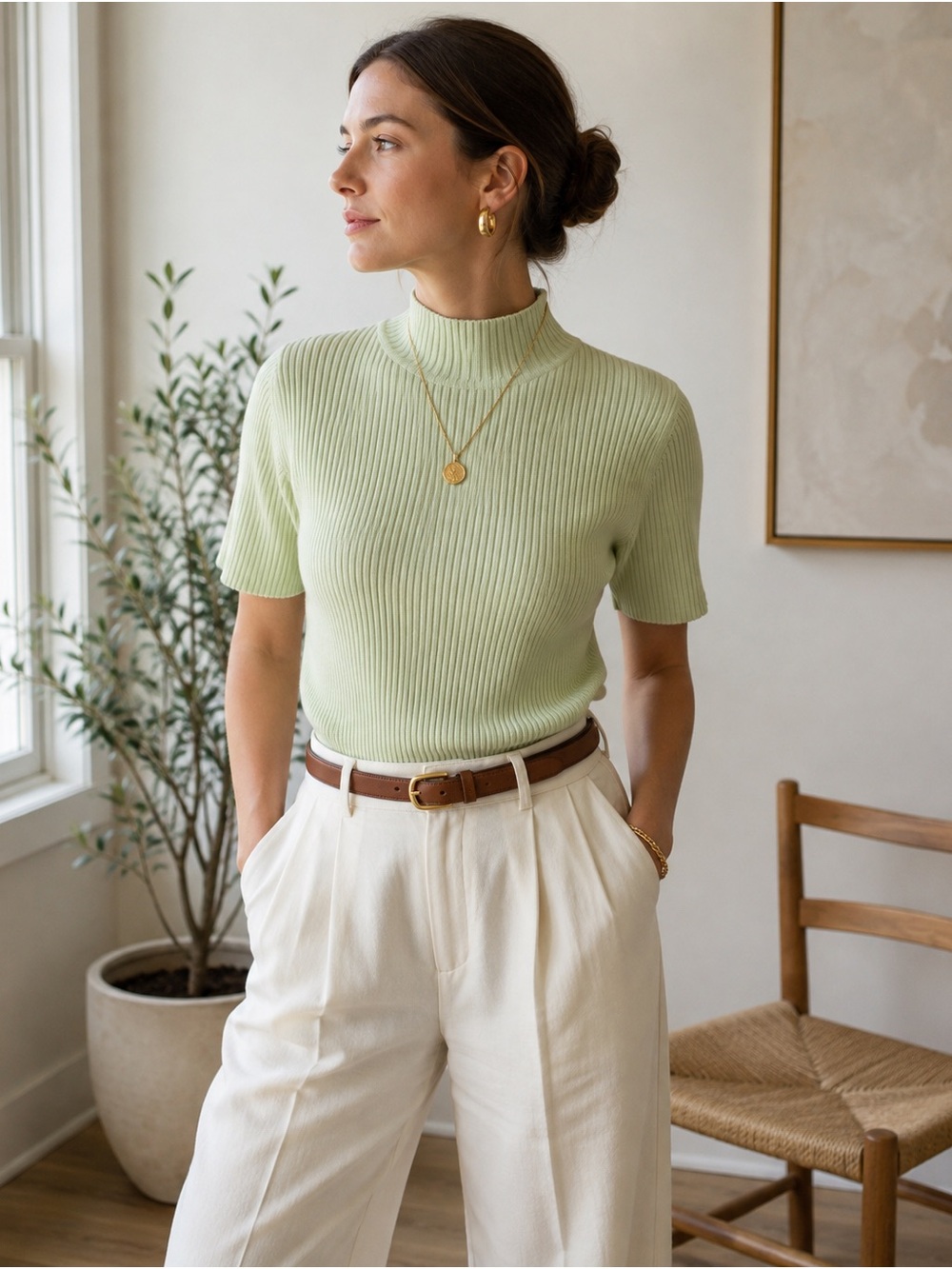 VTG Preview International Ribbed Mock Neck Sweater Top Cotton XL Pistachio
